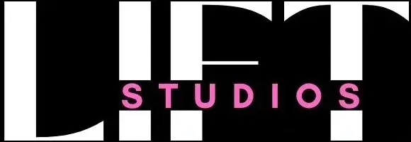 A black and white logo with pink letters
